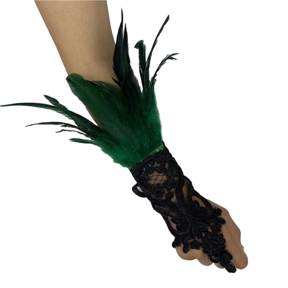 LEKODE Women Gothic Lace Feather Fingerless Gloves, Mesh Wrist Cuffs, Costume Accessories for Halloween Cosplay Party Green One Size