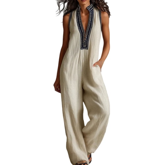 LEKODE Women Jumpsuit Linen Cotton Jumpsuits Loose Overalls Button Down Jumpsuits with Pockets Y2k Baggy Jumpsuit Travel Jumpsuits for Women Ruched Rompers Summer Outfits for Women Beige L