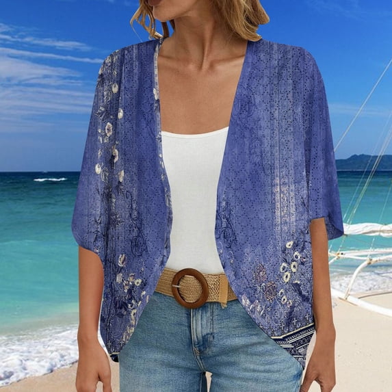 LEKODE Women Kimono Cardigan, Open Front 3/4 Sleeve Loose Fit, Floral Print Lightweight Sheer Fabric, Beach Swimsuit Cover Up for Summer Vacation Resort Casual Wear B Blue 2XL
