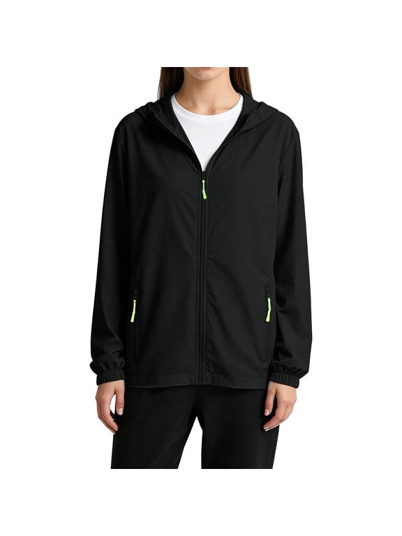 Women Lightweight Packable Hooded Full Zip Windbreaker Waterproof Sun Protection Athletic Jacket for Hiking Running Travel Black 3XL