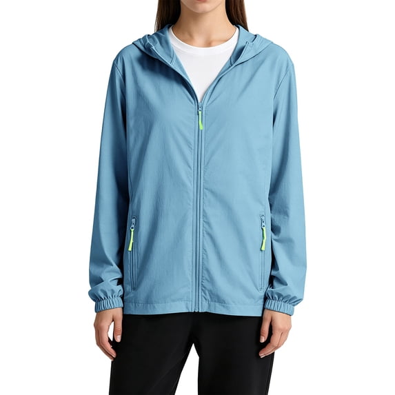 LEKODE Women Lightweight Waterproof Hooded Full Zip Windbreaker Packable Breathable Athletic Outerwear Jacket with Zip Pockets Light Blue XL