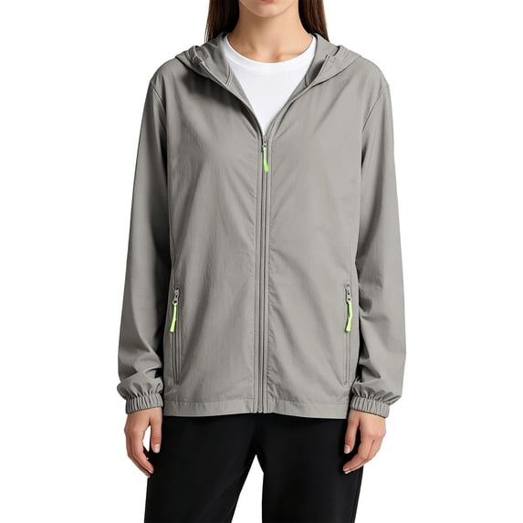 LEKODE Women Lightweight Waterproof Packable Hooded Rain Windbreaker Full Zip Sun Protection Athletic Jacket with Zip Pockets for Outdoor Hiking Golf Travel Gray 3XL