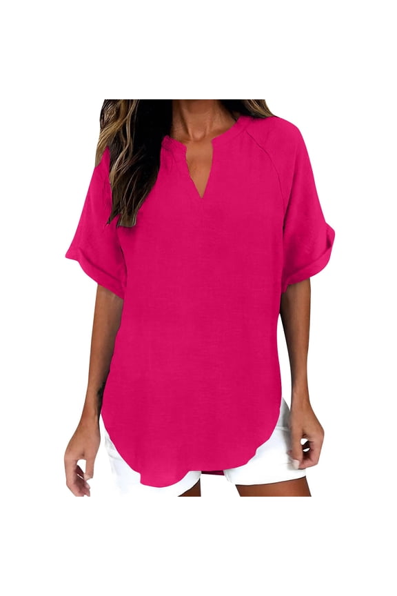 Oversized Loose Fit Cotton Linen Blend Daily Tops for Women, Henley Notch V Neck Raglan Short Sleeve Curved Arc Hem Lightweight Vacation Casual Blouse Hot Pink XXL