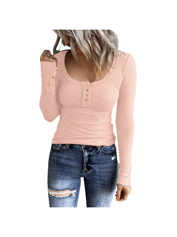 Women Long Sleeve Scoop Neck T‑Shirts Slim Fit Snap Henley Shirts Pink L