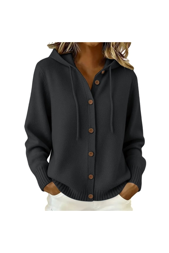 Women Loose Fit Drawstring Hooded Cardigan Sweater V Neck Button Down Long Sleeve Ribbed Knit Lightweight Casual Outerwear with Side Pockets Black L