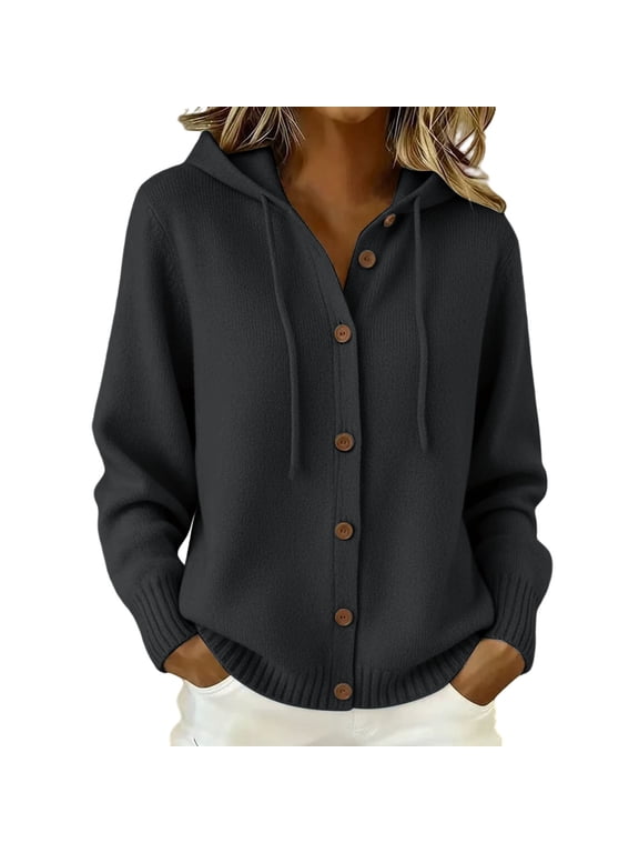 Women Loose Fit Drawstring Hooded Cardigan Sweater V Neck Button Down Long Sleeve Ribbed Knit Lightweight Casual Outerwear with Side Pockets Black L
