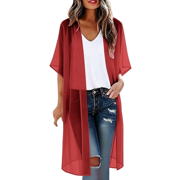 LEKODE Women Maxi Long Beach Cover Up Solid Chiffon Fabric Open Front Short Sleeve Kimono Relaxed Fit Everyday Summer Swim Outer Top Red 3XL