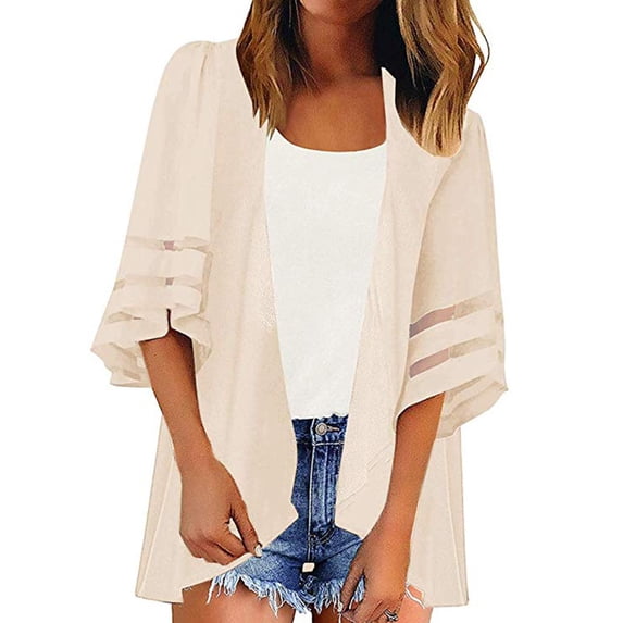 LEKODE Women Open Front Chiffon Kimono Cardigan, Mid Length Loose Outerwear with 3/4 Tiered Mesh Ruffle Sleeves, Lightweight Sun Protection Layering Cover Up for Beach & Daily Outfits Beige L