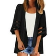 thumbnail image 1 of LEKODE Women Open Front Chiffon Kimono Cardigan, Mid Length Loose Outerwear with 3/4 Tiered Mesh Ruffle Sleeves, Lightweight Sun Protection Layering Cover Up Black 3XL, 1 of 9
