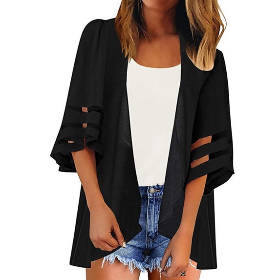 LEKODE Women Open Front Chiffon Kimono Cardigan, Mid Length Loose Outerwear with 3/4 Tiered Mesh Ruffle Sleeves, Lightweight Sun Protection Layering Cover Up Black 3XL