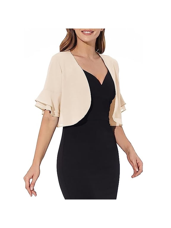 Women Open Front Double Layer Ruffle Short Sleeve Thin Chiffon Cropped Bolero Shrug Lightweight Formal Wedding Evening Daily Dress Layering Outer Cover Up Topper Beige L