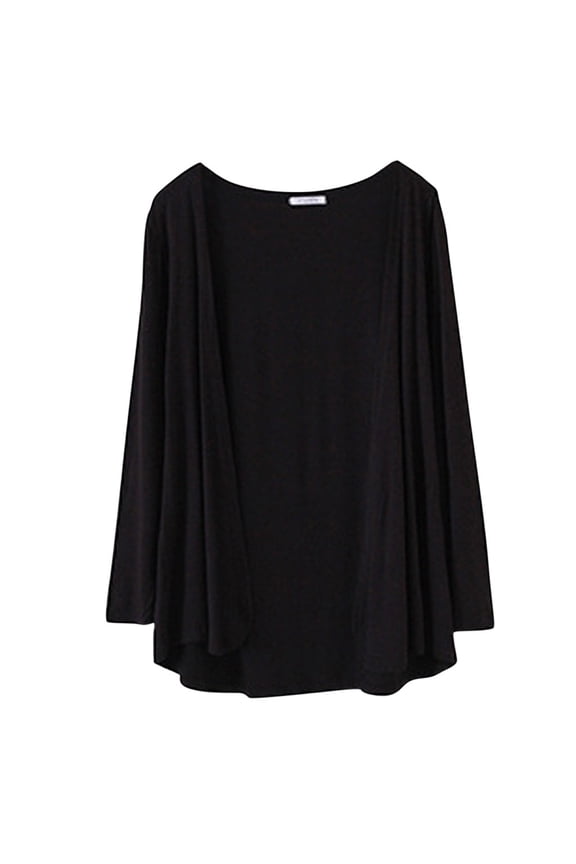 Women Open Front Long Sleeve Ruched Elbow Cuff Thin Smooth Ice Knit Mid Length Kimono Cardigan Lightweight Summer Daily Tank Dress Sun Protection Layering Outer Cover Up Topper Black L