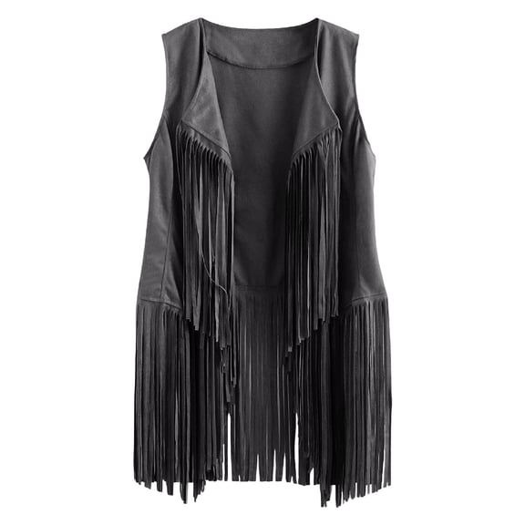 LEKODE Women Open Front Sleeveless Full Long Fringe Tassel Vest 70s Hippie Boho Western Cowgirl Festival Layering Outer Gilet Waistcoat A Dark Gray L