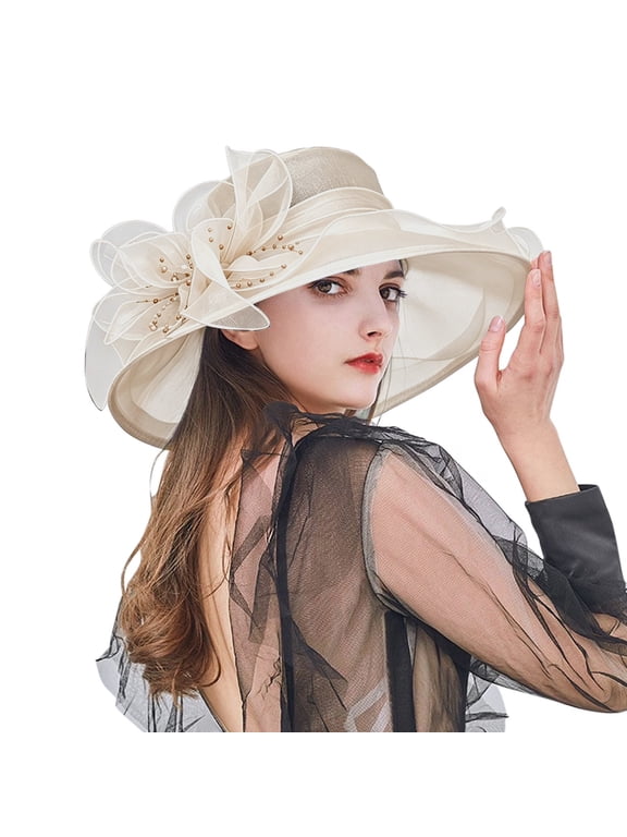 Women Organza Hat Church Cap Kentucky Derby Cocktail Tea Party Wedding Flower Hat with Wide Brim Beige One Size