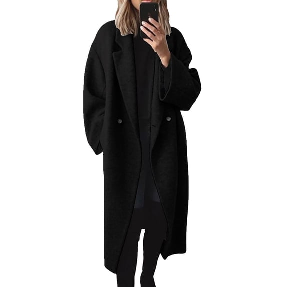LEKODE Women Oversized Long Winter Coats Warm Wool Blend Pea Trench Coat Overcoat Black 2XL