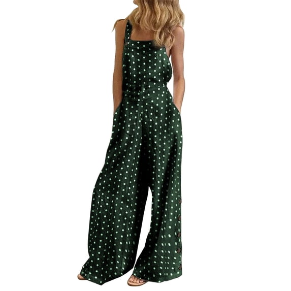LEKODE Women Polka Dot Bib Overalls Jumpsuit, Adjustable Strap Wide Leg Romper with Pockets for Multiple Casual Summer Scenarios Summer Outfits for Women Green 3XL