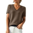 thumbnail image 1 of LEKODE Women Pullover Top, V‑Neck Short Sleeve Ribbed Cuff Knit Sweater for Office Going Out Daily, Casual Coffee M, 1 of 9