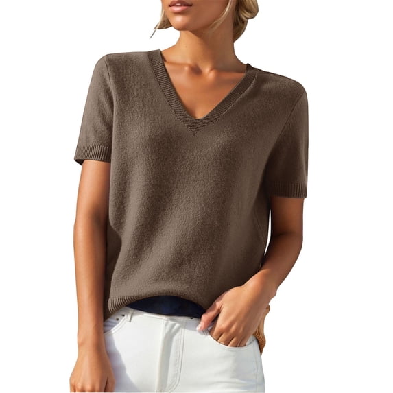 LEKODE Women Pullover Top, V‑Neck Short Sleeve Ribbed Cuff Knit Sweater for Office Going Out Daily, Casual Coffee M