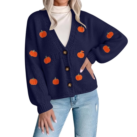 LEKODE Women Relaxed Fit Embroidered Knit Cardigan V Neck Button Down Long Sleeve Everyday Fall Outer Layer Top Dark Blue XL