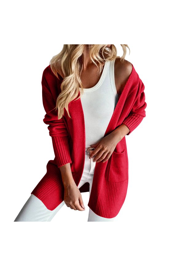 Women Relaxed Fit Knitted Cardigan Open Front Long Sleeve Side Pockets Casual Spring Summer Everyday Outer Top Red L
