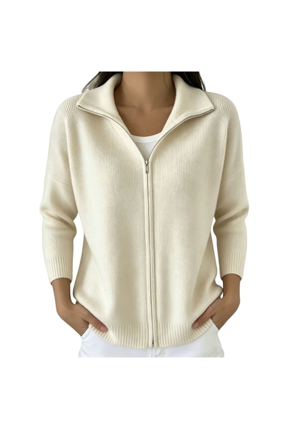 Women Relaxed Fit Lapel Collar Full-Zip Wool Blend Cardigan Sweater Long Sleeve Ribbed Knit Lightweight Fall Winter Outerwear Beige L