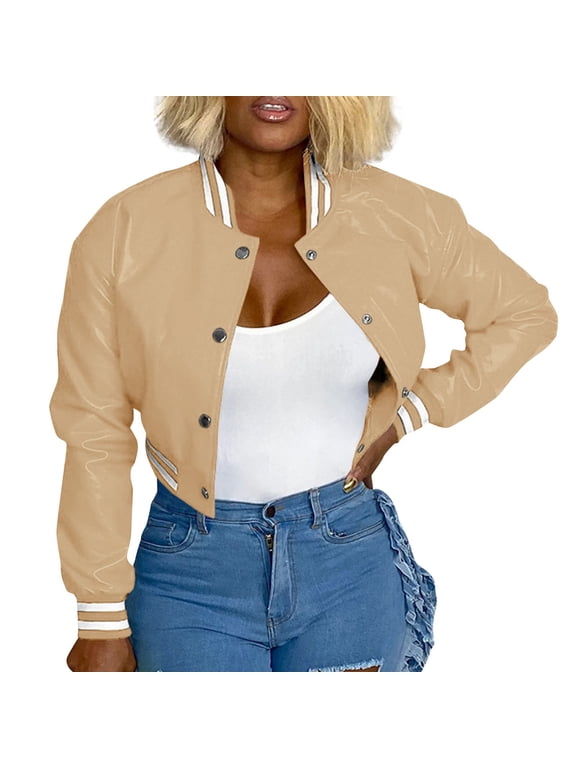 Women Retro Cropped Faux Leather Varsity Baseball Bomber Jacket Long Sleeve Button Down Casual Streetwear Coat Khaki S