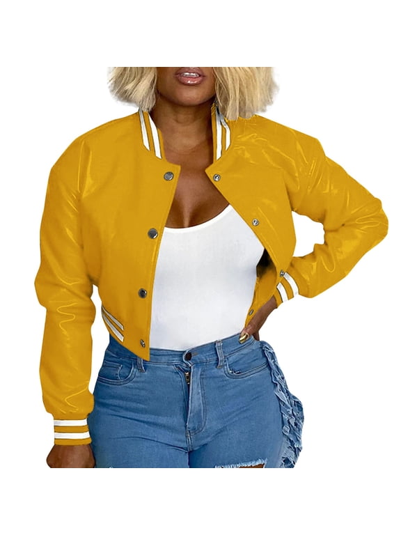 Women Retro Cropped Faux Leather Varsity Baseball Bomber Jacket Long Sleeve Button Down Casual Streetwear Coat Yellow S