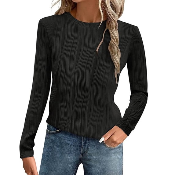 LEKODE Women Ribbed Long Sleeve Crew Neck Slim Fit Stretchy Basic T Shirts Tops Black S