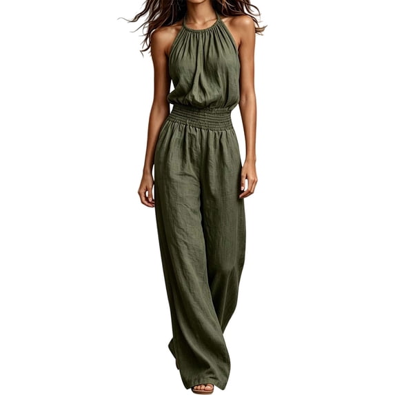 LEKODE Women Rompers and Jumpsuits Cotton Linen Jumpsuits for Women Summer Halter Jumpsuits for Women Loose Overalls Sleeveless Boho Jumpsuit Ruched Romper Casual Outfits for Women Blackish Green L