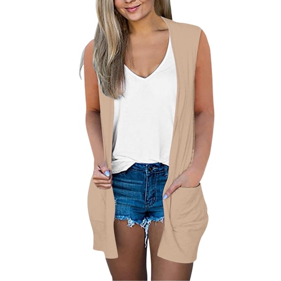 LEKODE Women Sleeveless Mid Length Duster Vest Open Front Soft Drape Knit Loose Fit Side Pockets Casual Daily Layering Cardigan Outerwear Beige L