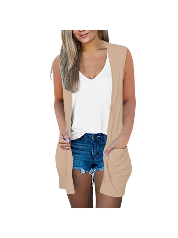 Women Sleeveless Mid Length Duster Vest Open Front Soft Drape Knit Loose Fit Side Pockets Casual Daily Layering Cardigan Outerwear Beige L