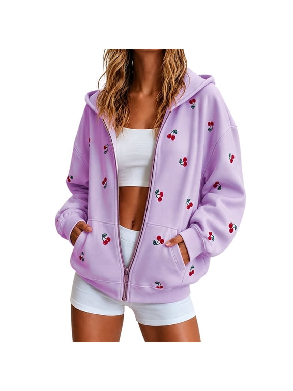 Women Solid Cotton Drawstring Hood Full Zip Long Sleeve Dual Side Pockets Loose Fit Casual Daily Street Layering Hooded Cardigan Sweatshirt Outerwear Purple L