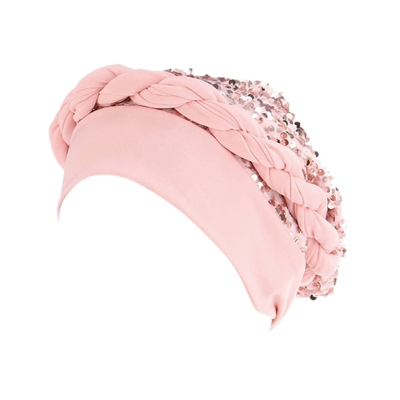 LEKODE Women Sparkly Sequin Turban Head Wrap, Soft Stretchy Fabric with Braided Braid Headband, Elegant Beanie Hat for Hijab, Party Event and Chemo Hair Loss Use Pink One Size