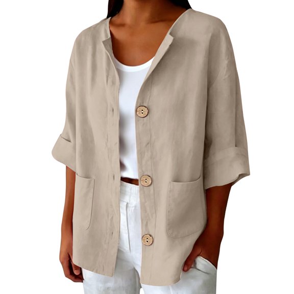 LEKODE Women Stand Collar Three Quarter Rolled Sleeve Wood Button Dual Side Patch Pockets Solid Smooth Linen Short Casual Layering Jacket Lightweight Spring Daily Office Outer Topper Beige L