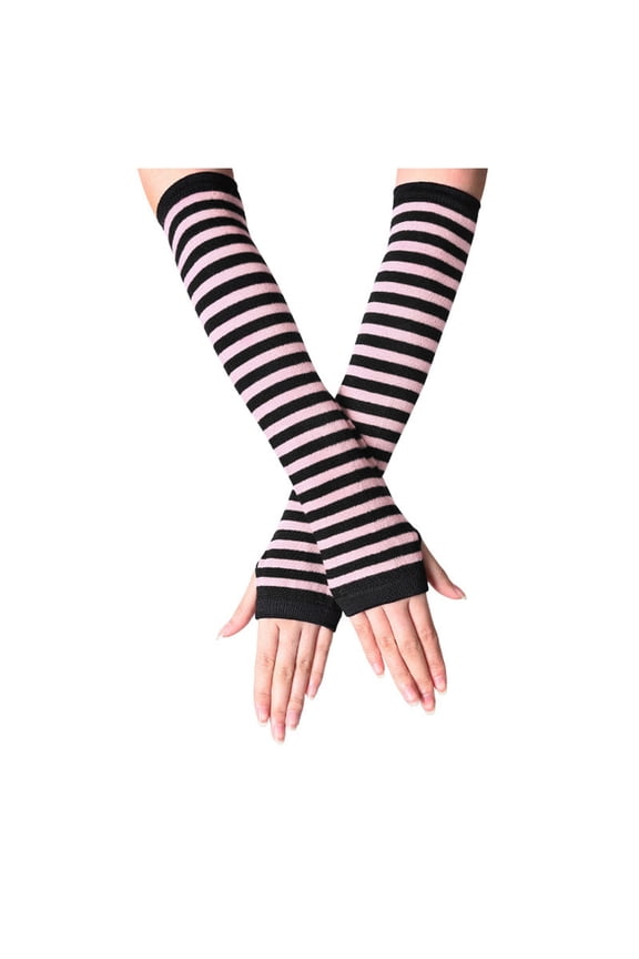 Women Striped Knit Fingerless Gloves, Stretchy Long Arm Warmers with Thumb Hole, Gothic Emo Punk Cosplay Party Accessories Pink One Size