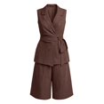 thumbnail image 1 of LEKODE Women Summer 2 Piece Outfits Wrap V Neck Sleeveless Button Down Tie Waist Vest High Waist Drawstring Shorts Sets Business Work Matching Set with Pockets Brown L, 1 of 7