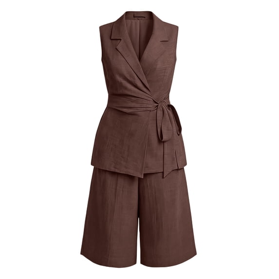 LEKODE Women Summer 2 Piece Outfits Wrap V Neck Sleeveless Button Down Tie Waist Vest High Waist Drawstring Shorts Sets Business Work Matching Set with Pockets Brown L