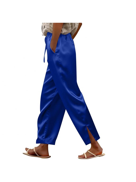 Women Summer Cropped Pants High Waist Drawstring Straight Leg Trousers Split Hem Casual Loose Slacks with Pockets Blue L