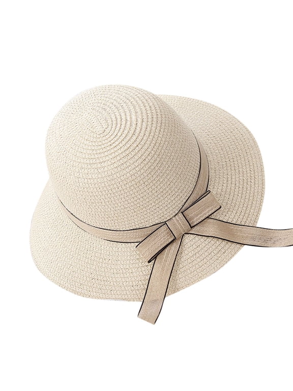 Women Summer Floppy Straw Hat, Wide‑brim UV Protection Sun Cap with Thin Trim Ribbon Bow, Foldable Lightweight Hat for Beach Poolside Holiday Outdoor Beige M