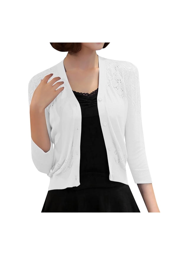 Women V Neck 3/4 Sleeve Heart Button Down Partial Diamond Crochet Hollow Knit Cropped Cardigan Lightweight Spring Daily Office Sun Protection Layering Outer Sweater Topper White L