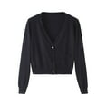 thumbnail image 1 of LEKODE Women V Neck Long Sleeve Full Button Down Single Side Pocket Cropped Knit Cardigan Ribbed Hem Lightweight Spring Daily Dress Layering Shrug Outer Topper A Black L, 1 of 2