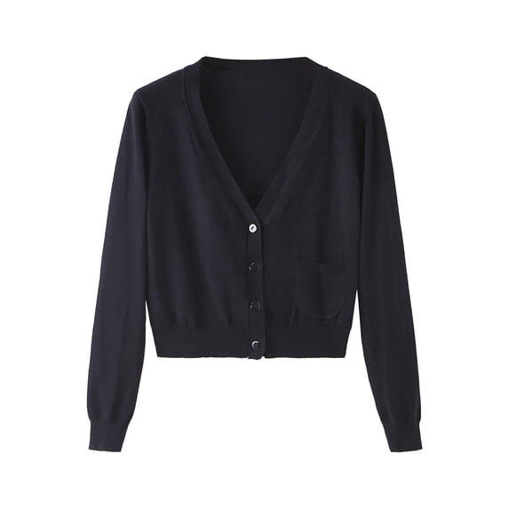 LEKODE Women V Neck Long Sleeve Full Button Down Single Side Pocket Cropped Knit Cardigan Ribbed Hem Lightweight Spring Daily Dress Layering Shrug Outer Topper A Black L