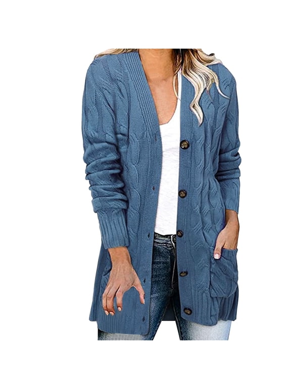 Women V Neck Long Sleeve Full Cable Twist Chunky Knit Wood Button Dual Side Patch Pockets Mid Length Oversized Loose Cardigan A Blue 2XL