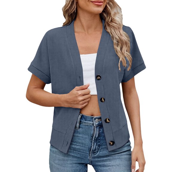 LEKODE Women V Neck Short Sleeve Waffle Textured Single Row Button Down Cropped Casual Outer Shrug Blue L