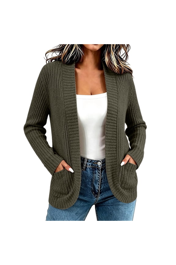 Women Vertical Ribbed Solid Cotton Open Front Long Sleeve Dual Side Patch Pockets Relaxed Fit Casual Daily Workplace Knit Cardigan Outerwear Blackish Green L