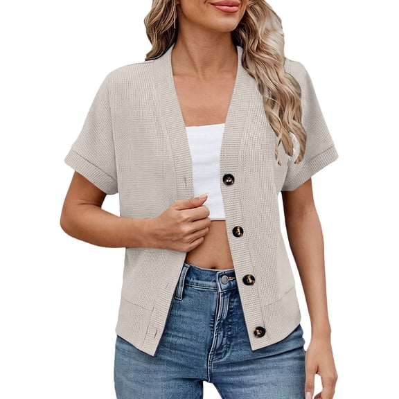 LEKODE Women Waffle Textured Single Row Button Down Cropped Shrug Cover Up, V Neck Short Sleeve Relaxed Casual Outer Top with Dual Side Hand Pockets Beige L