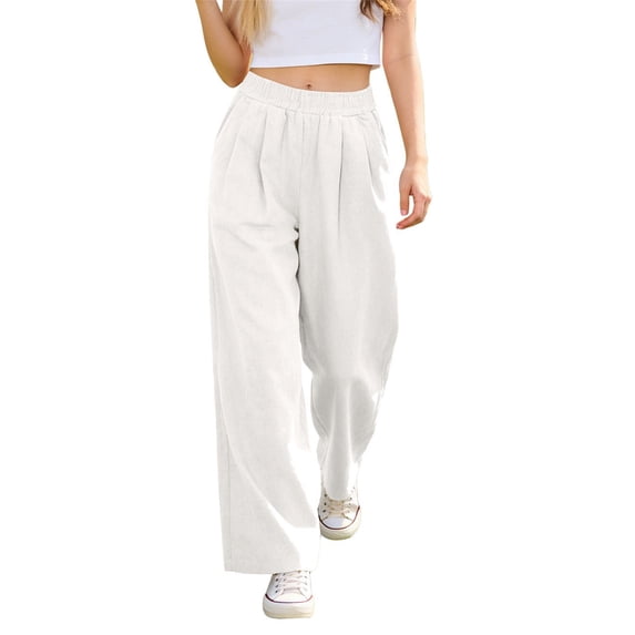 LEKODE Women Wide Leg Casual Pants Flowy Palazzo Pants with Pockets Elastic High Waist Women Pants White XL