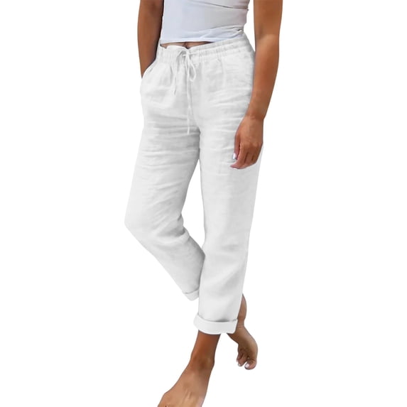 LEKODE Women Wide Leg High Waist Linen Capri Pants, Drawstring Casual Cropped Trousers with Pockets for Beach Summer Vacation Wear White L