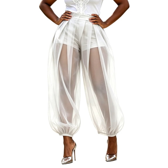 LEKODE Women Y2k Sheer Mesh Layered Wide Leg Palazzo Balloon Pants High Waist Pleated Barrel Lantern Trousers with Inner Shorts White L