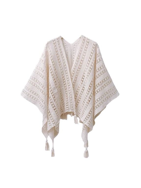 Women Zigzag Color Strip Crochet Knit Open Front Tassel Sleeveless Poncho Shawl Relaxed Fit Casual Boho Vacation Layering Outerwear Cape Beige One Size